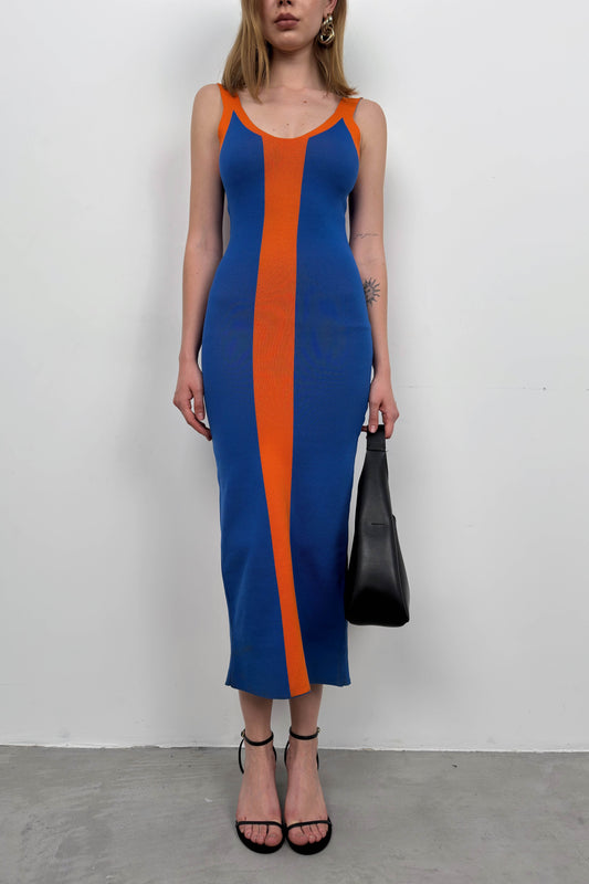 Double Color Slit Detail Saxe Orange Dress 