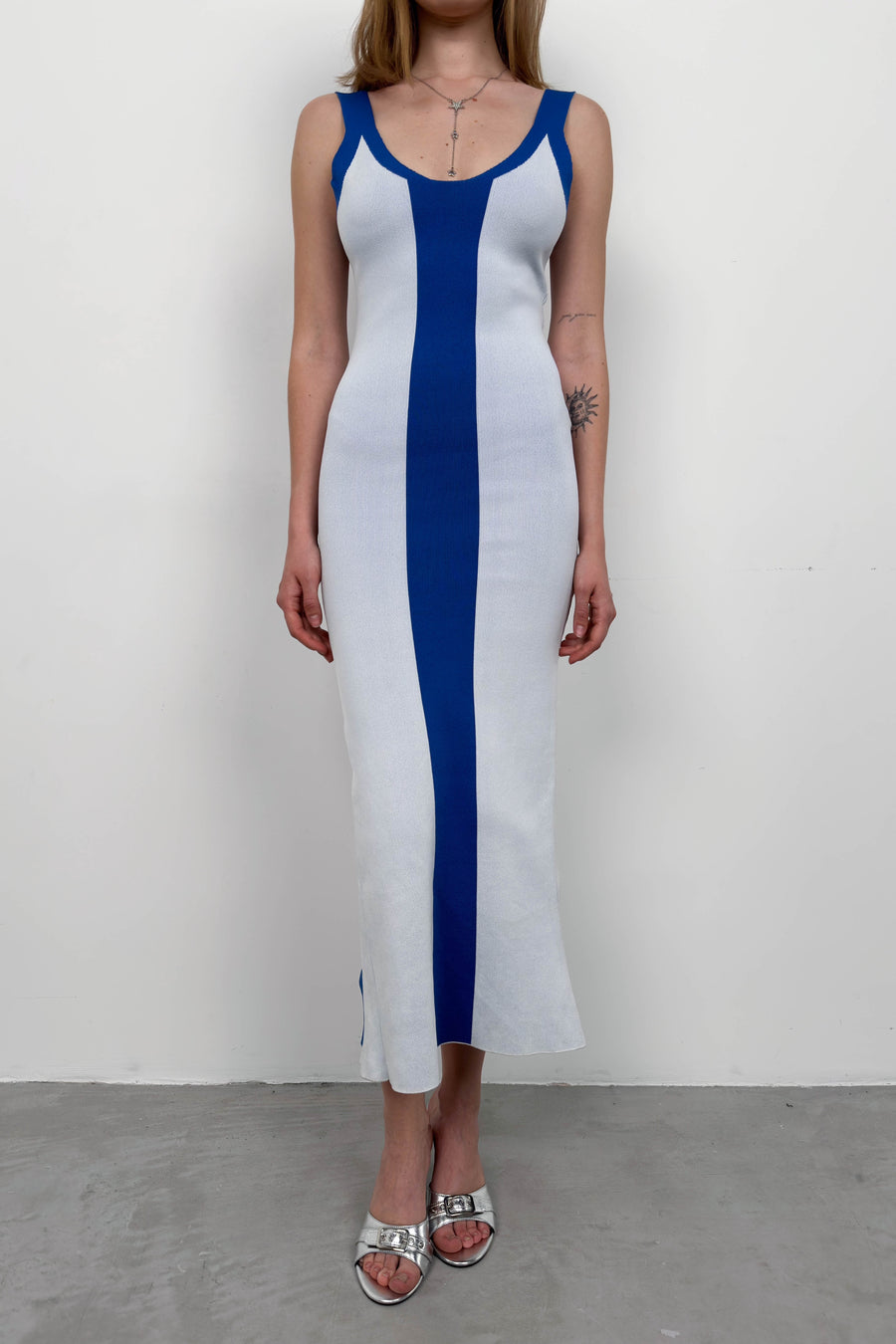 Double Color Slit Detail White Saxe Dress 