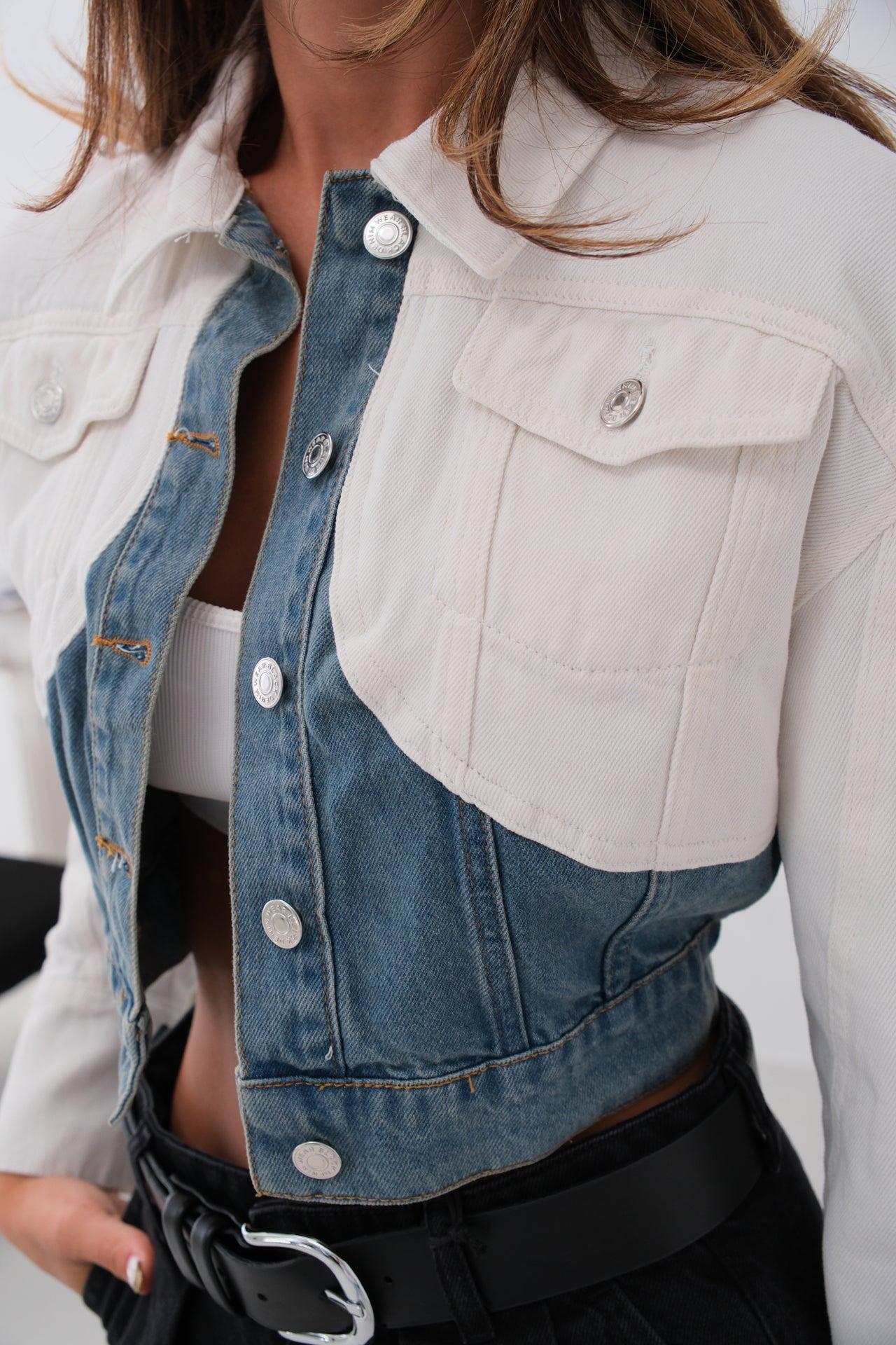 Double Color Crop Blue White Denim Jacket 