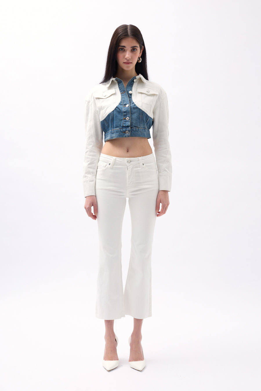 Double Color Crop Blue White Denim Jacket 