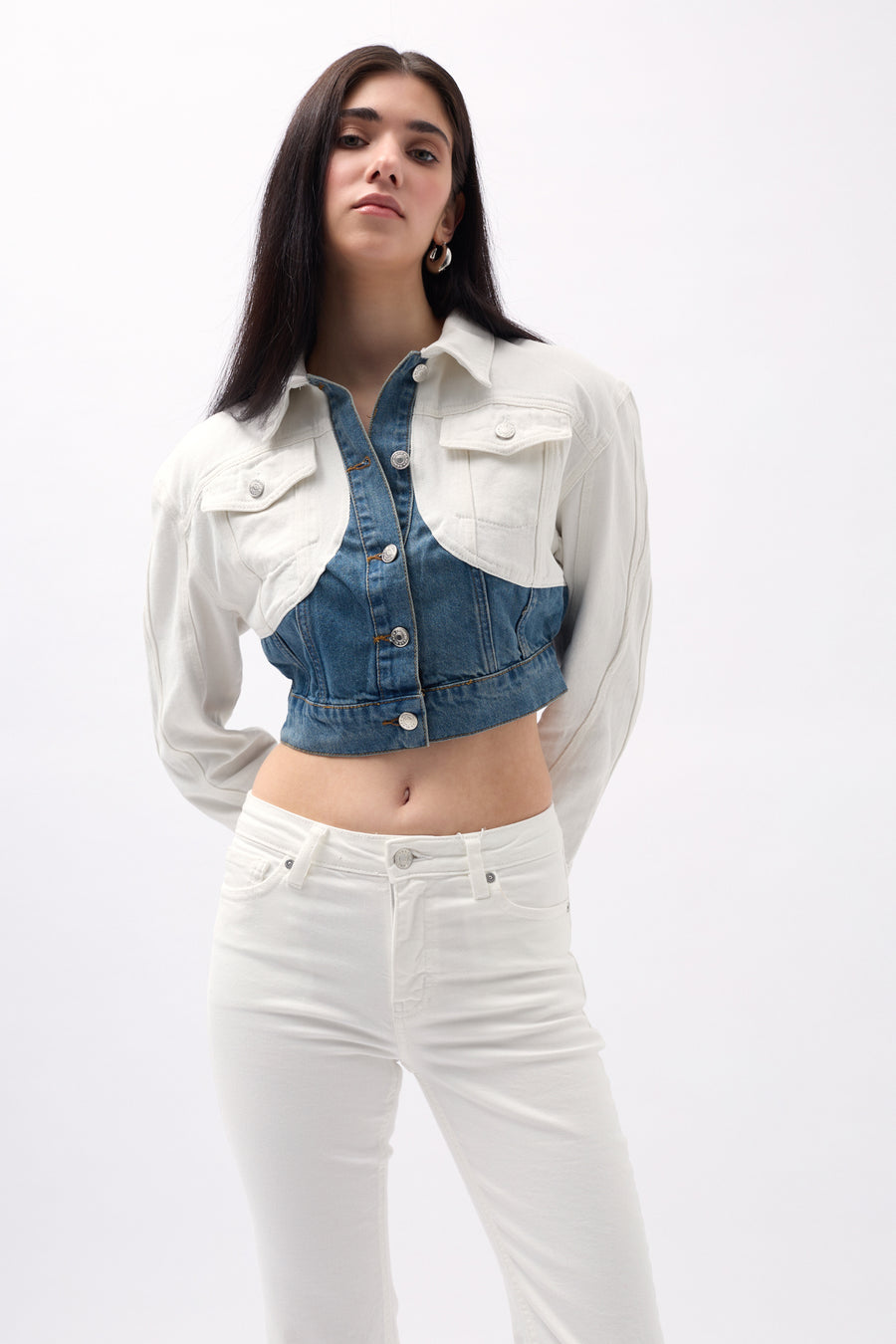 Double Color Crop Blue White Denim Jacket 