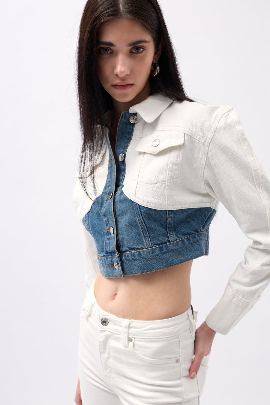 Double Color Crop Blue White Denim Jacket 