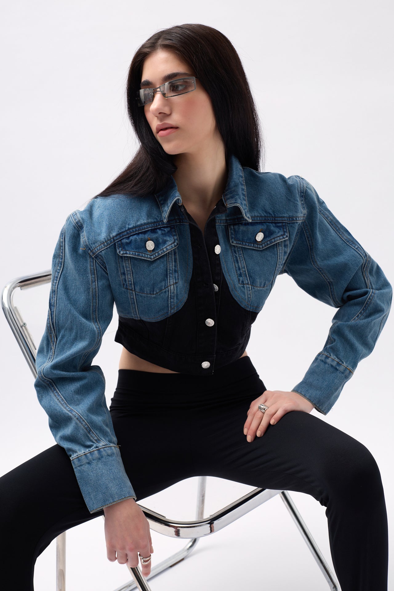 Double Color Crop Blue Black Denim Jacket 