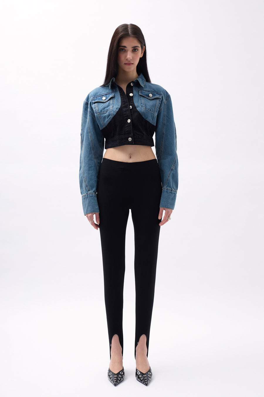 Double Color Crop Blue Black Denim Jacket 