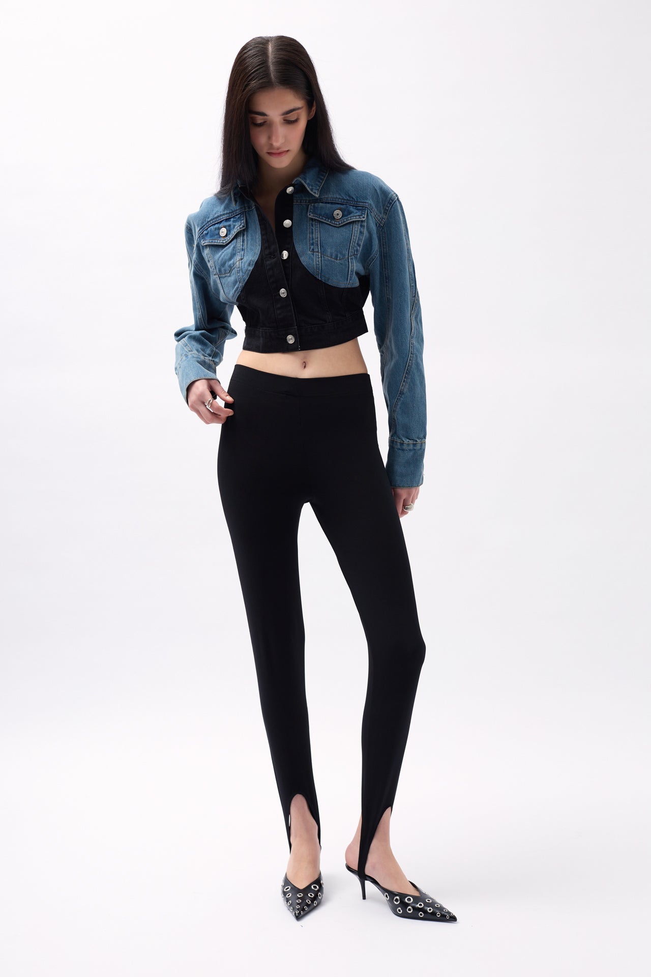 Double Color Crop Blue Black Denim Jacket 