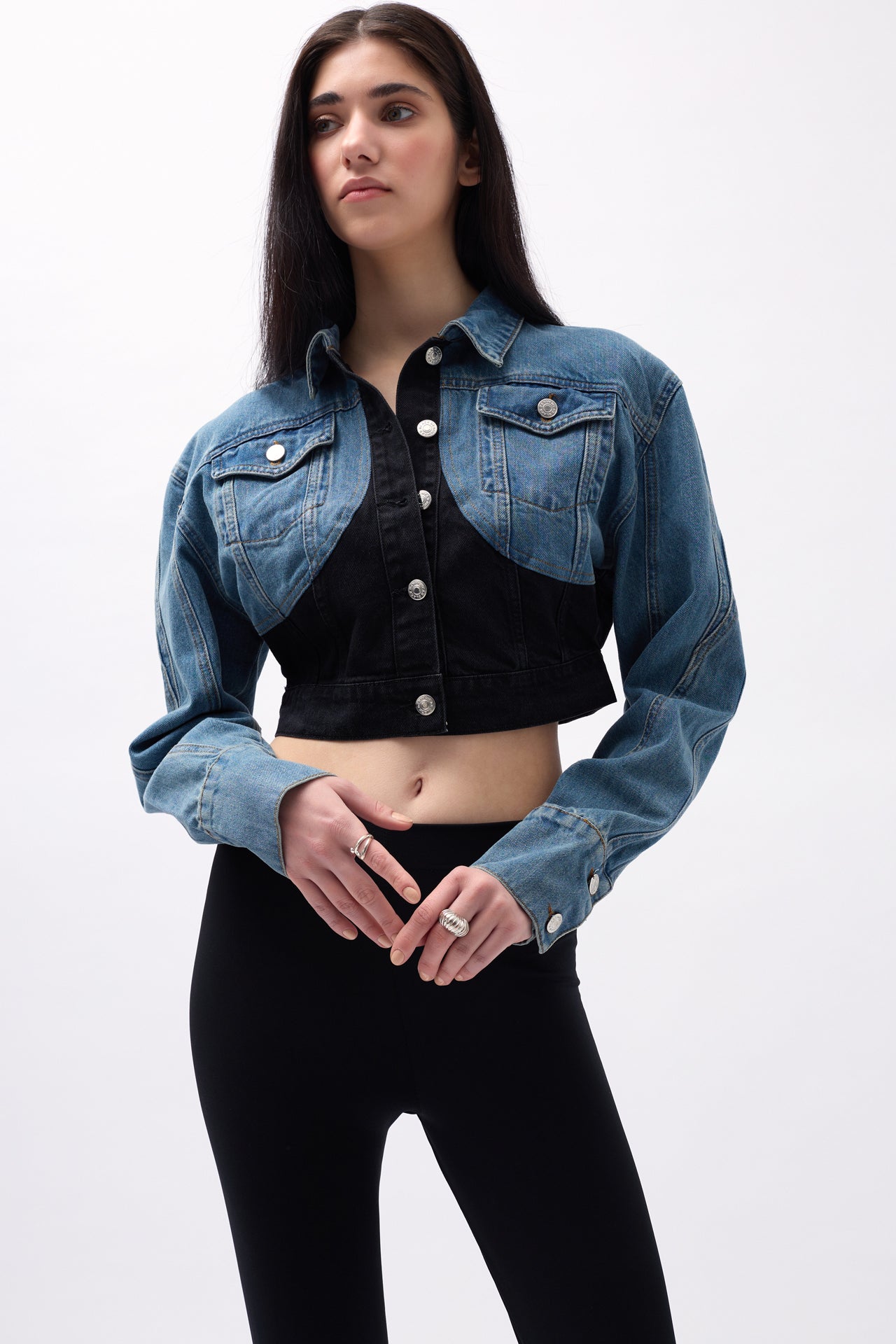 Double Color Crop Blue Black Denim Jacket 