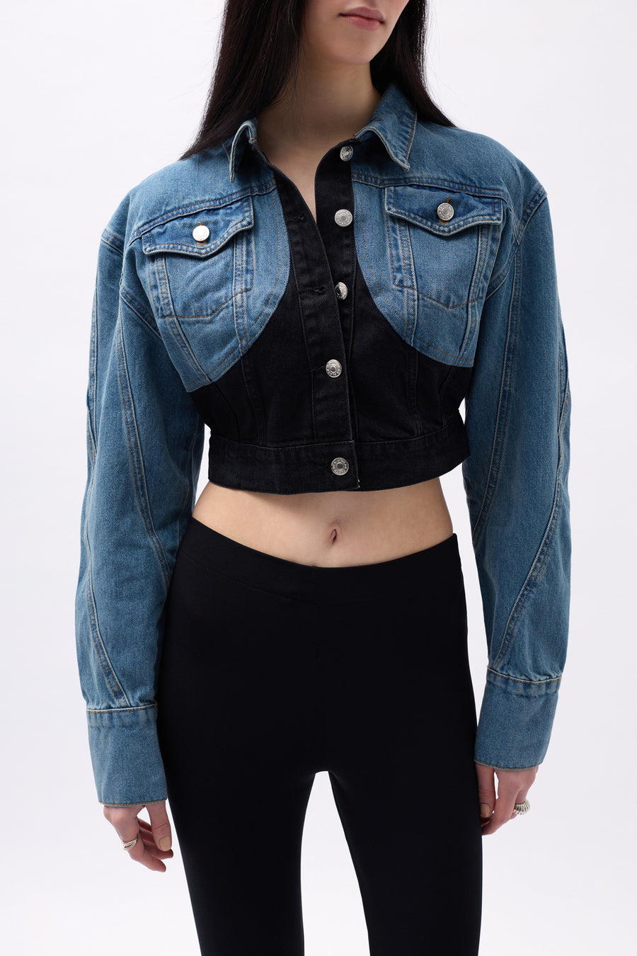 Double Color Crop Blue Black Denim Jacket 