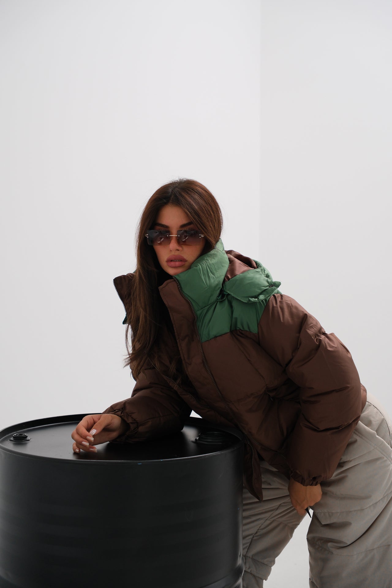 Double Color Hooded Brown Green Coat