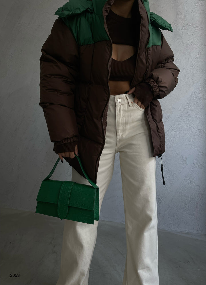 Çift Renkli Kapşonlu Kahve Yeşil Mont