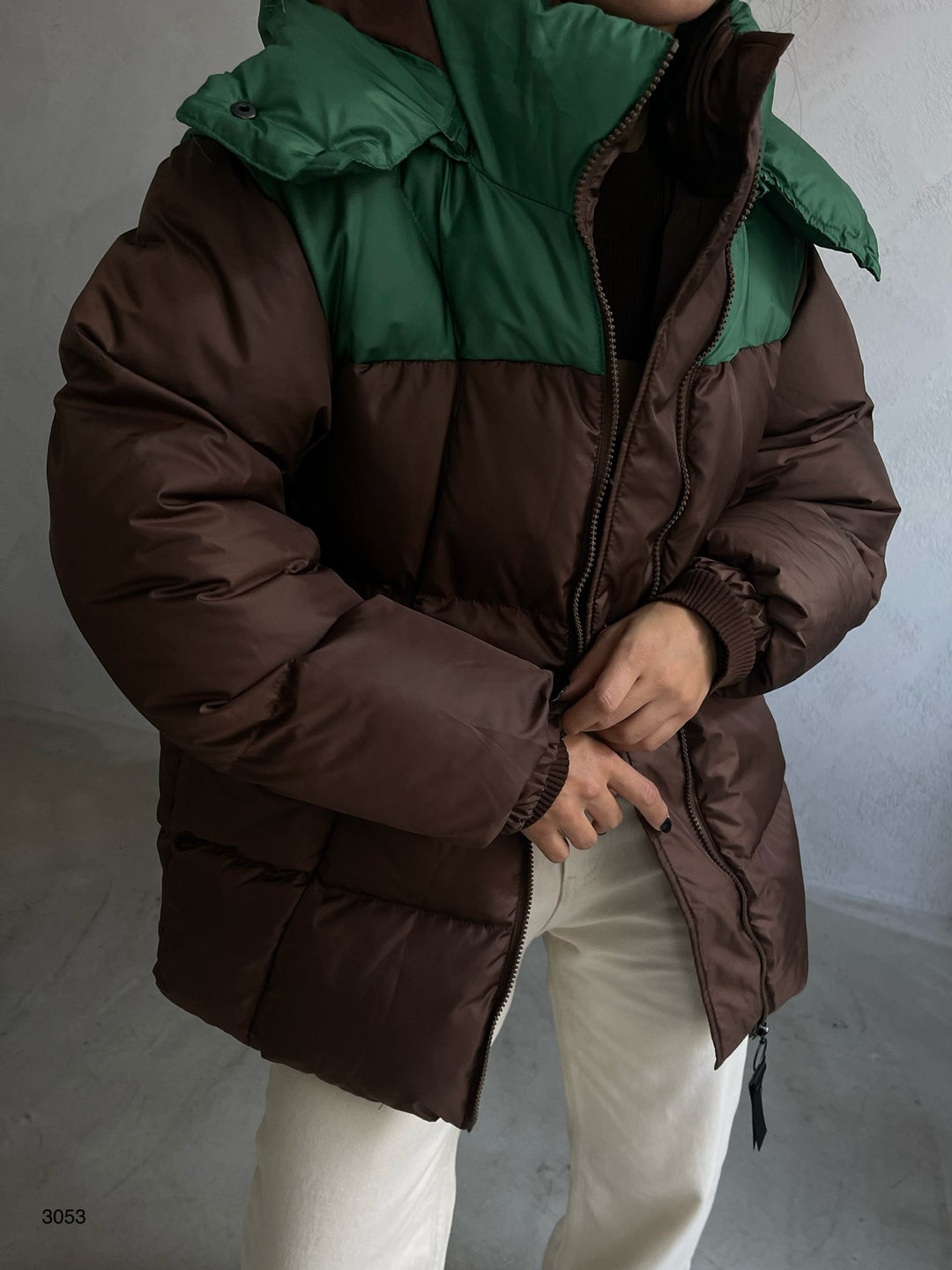 Çift Renkli Kapşonlu Kahve Yeşil Mont