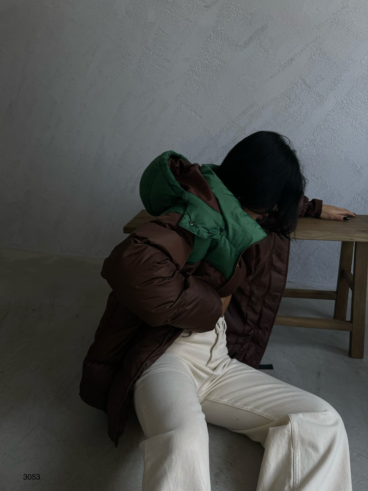 Çift Renkli Kapşonlu Kahve Yeşil Mont