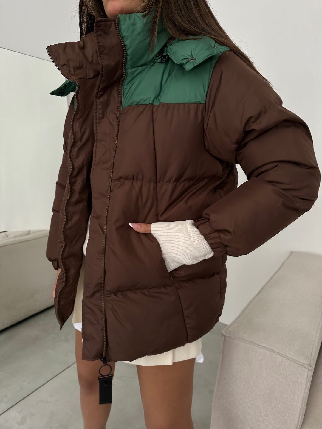 Çift Renkli Kapşonlu Kahve Yeşil Mont