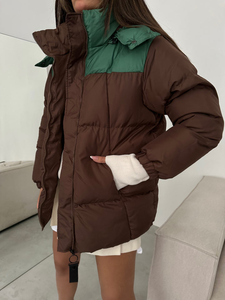 Çift Renkli Kapşonlu Kahve Yeşil Mont