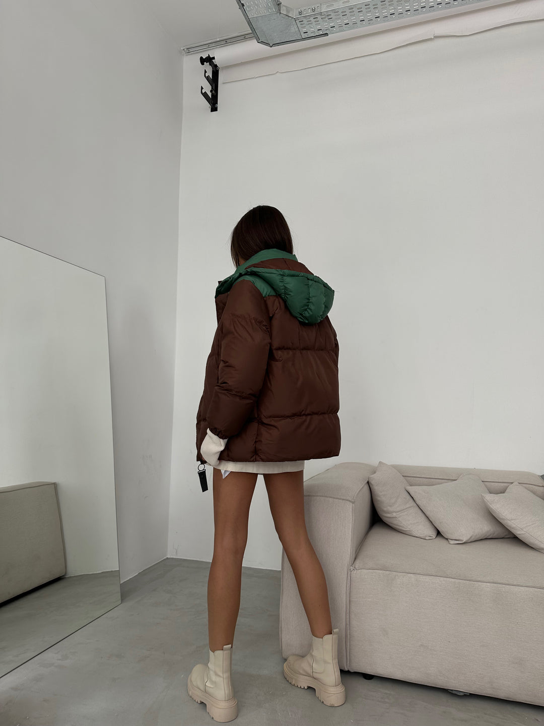 Çift Renkli Kapşonlu Kahve Yeşil Mont