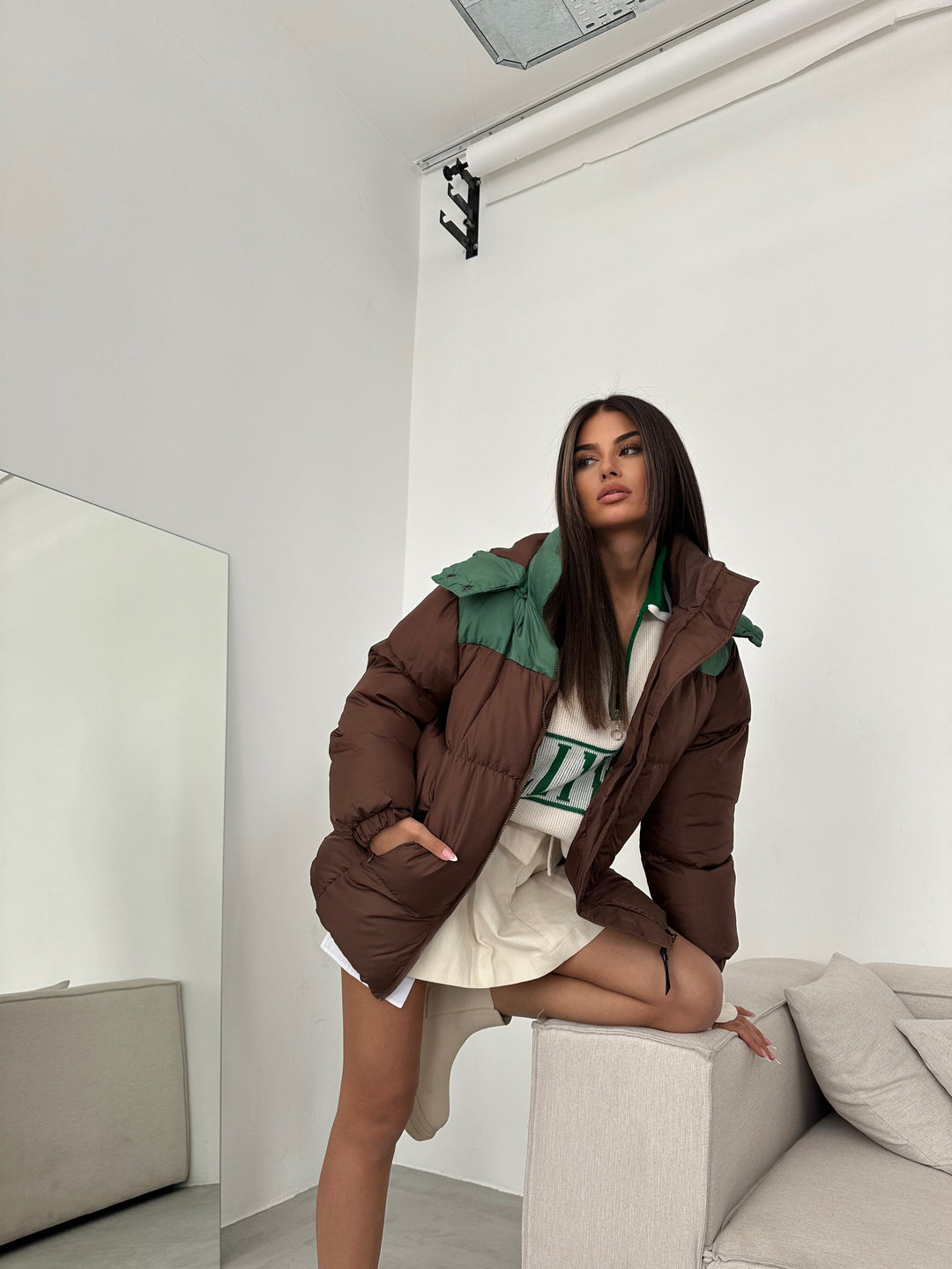 Çift Renkli Kapşonlu Kahve Yeşil Mont