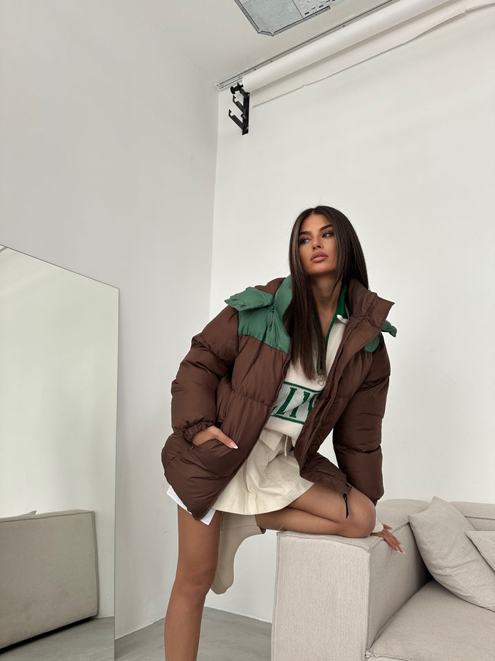 Çift Renkli Kapşonlu Kahve Yeşil Mont