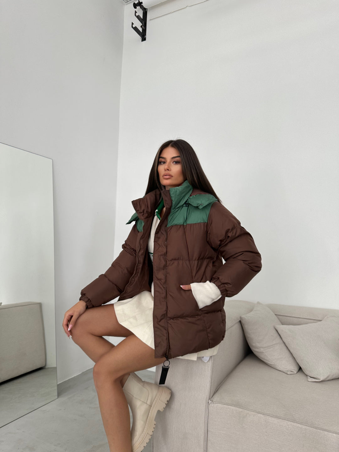 Çift Renkli Kapşonlu Kahve Yeşil Mont