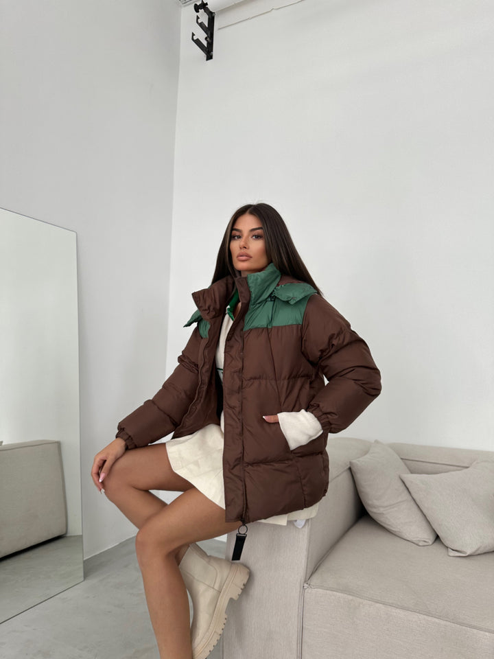 Çift Renkli Kapşonlu Kahve Yeşil Mont