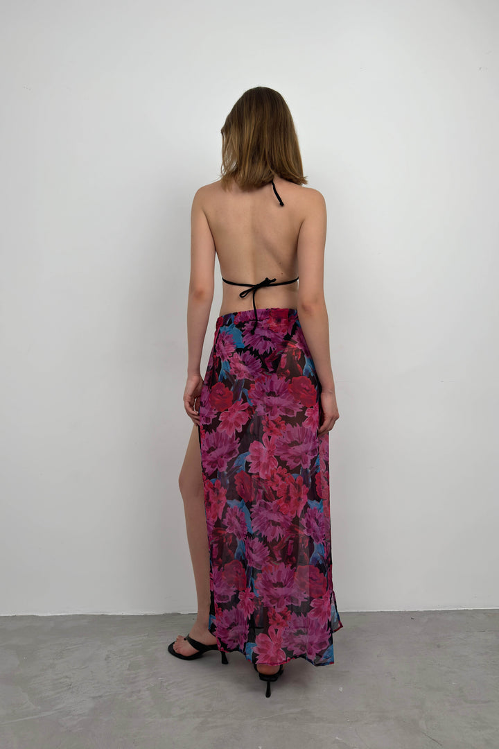 Çift Yırtmaçlı Desenli Fuşya Pareo