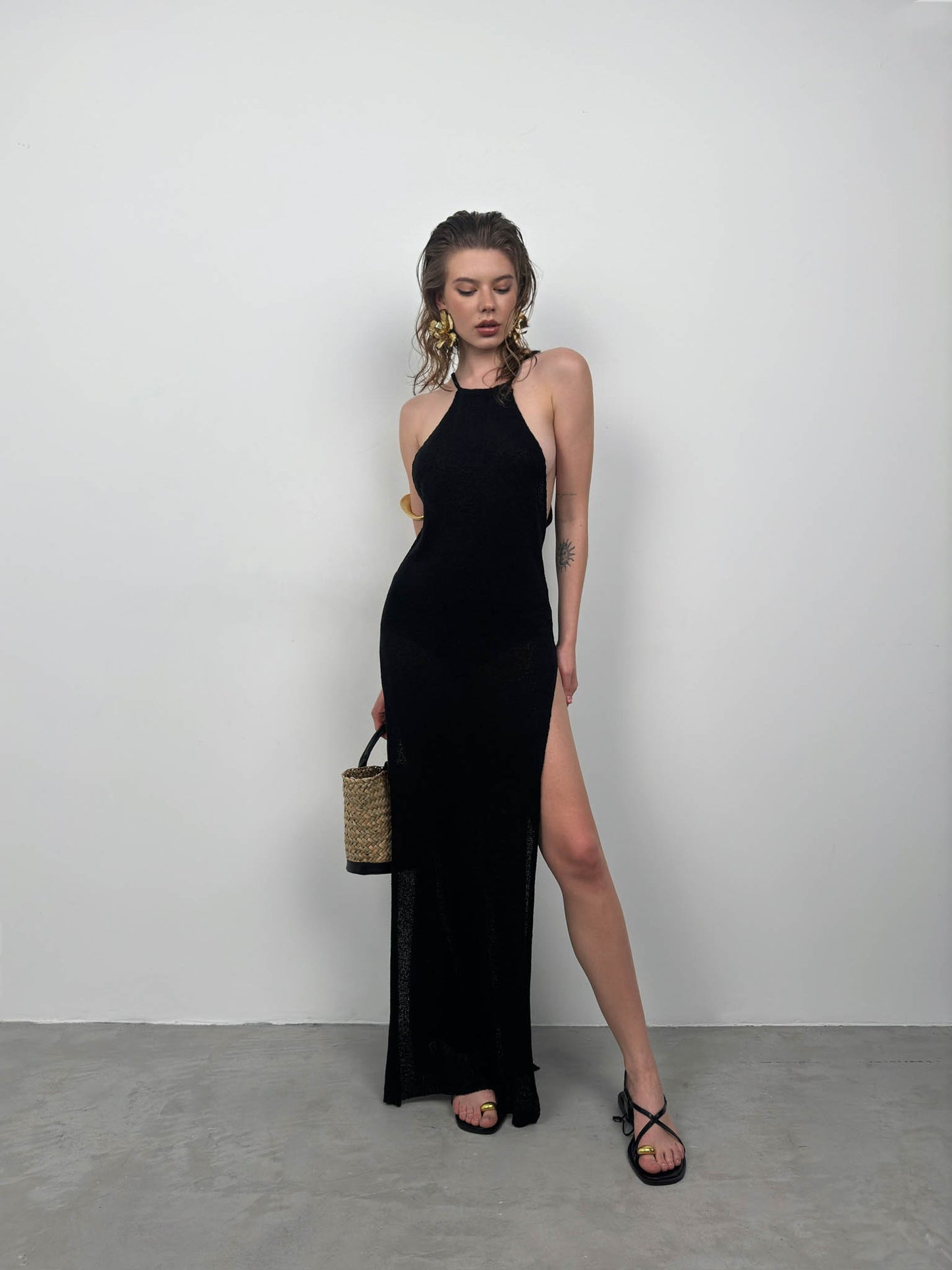 Double Slit Textured Black Maxi Pareo 