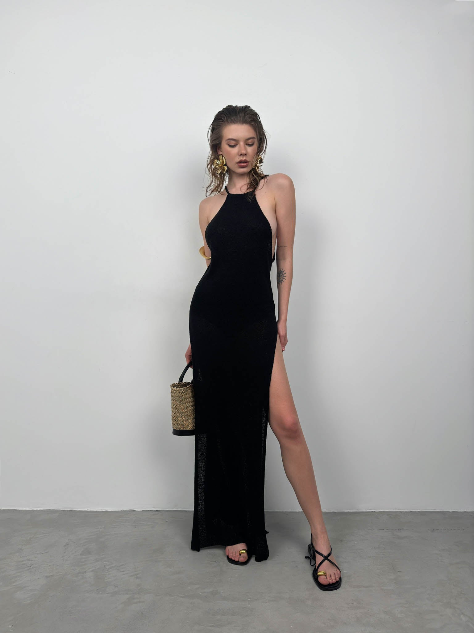 Double Slit Textured Black Maxi Pareo 