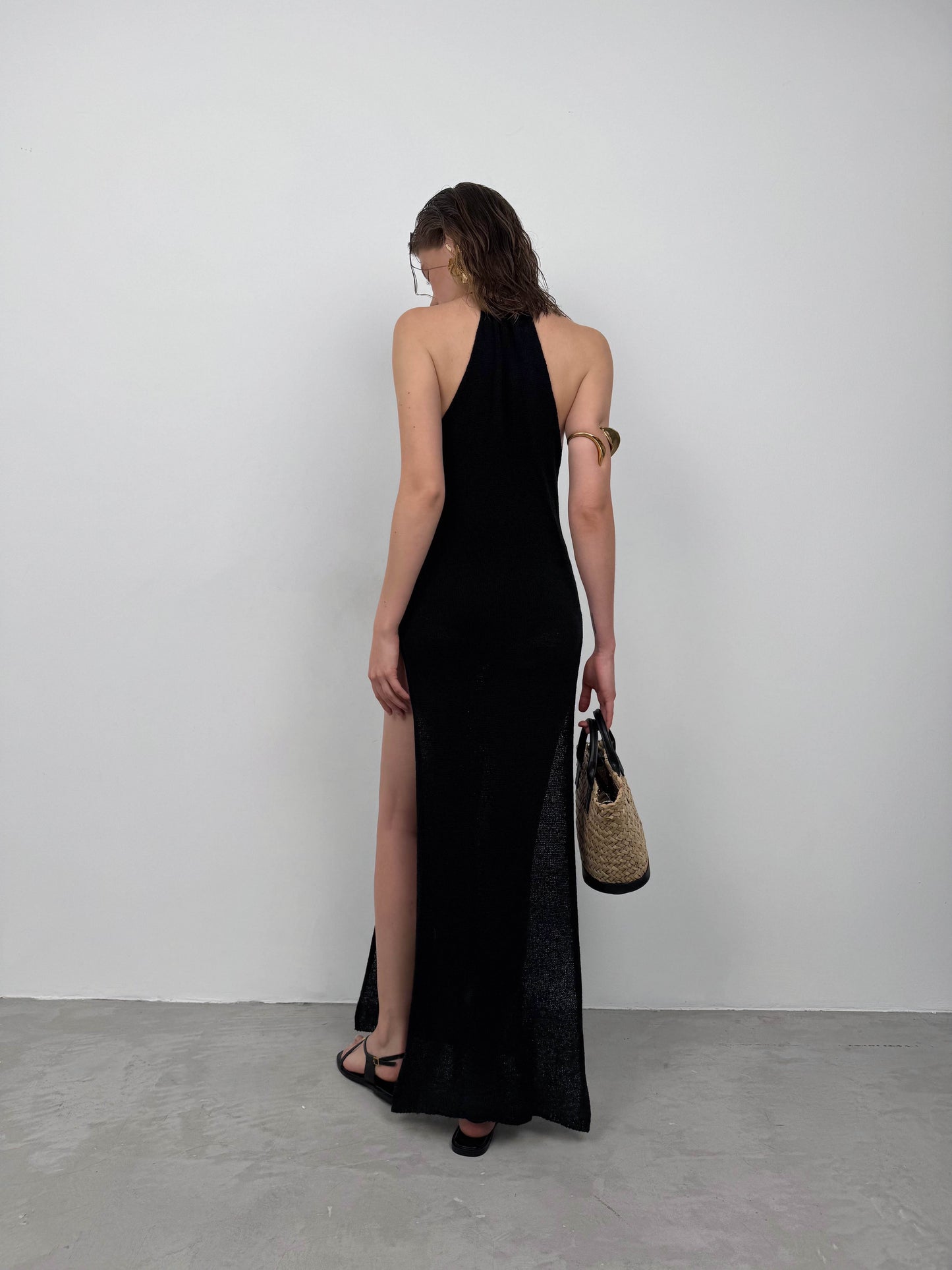 Double Slit Textured Black Maxi Pareo 