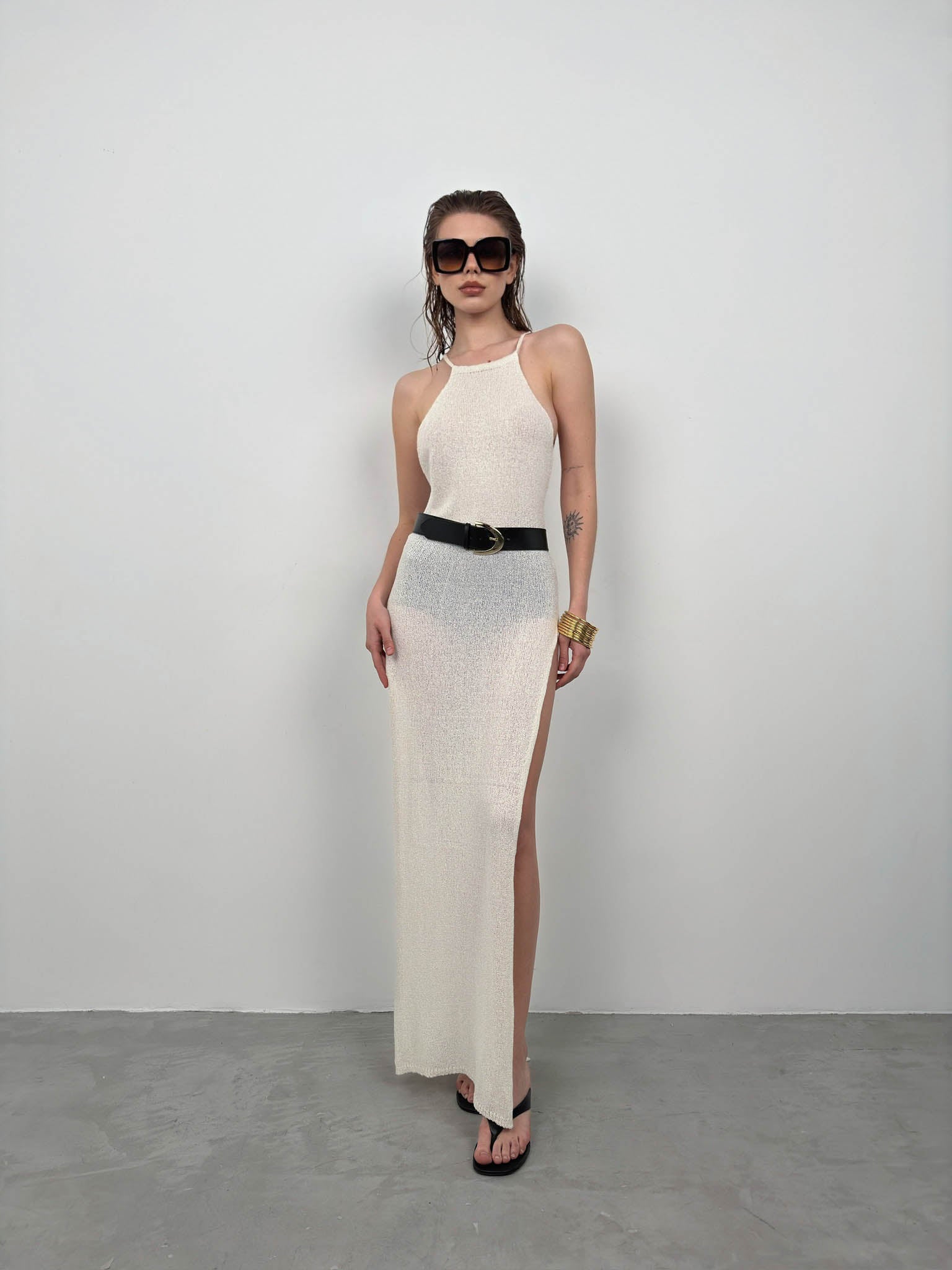 Double Slit Textured Ecru Maxi Pareo 