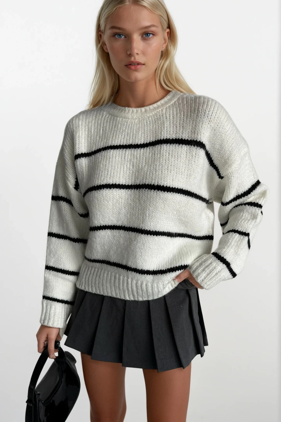 Çizgili Basic Ekru Triko Kazak