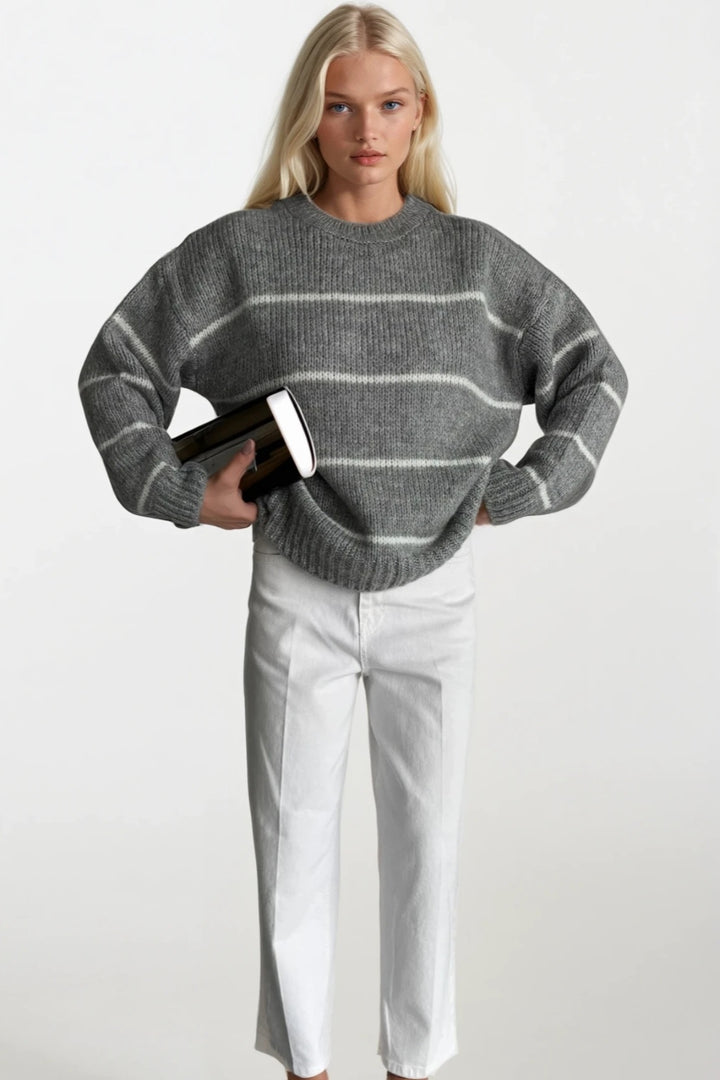 Çizgili Basic Gri Triko Kazak