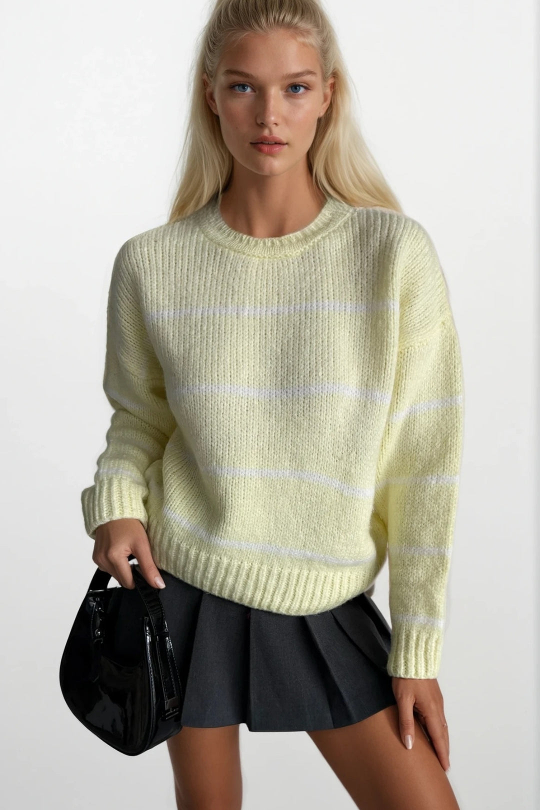 Çizgili Basic Sarı Triko Kazak