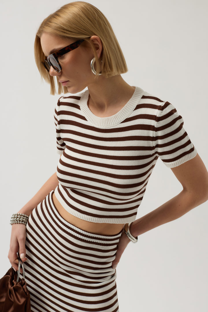 Striped Crew Neck White Brown Crop 