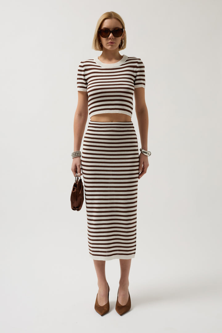 Striped Crew Neck White Brown Crop 