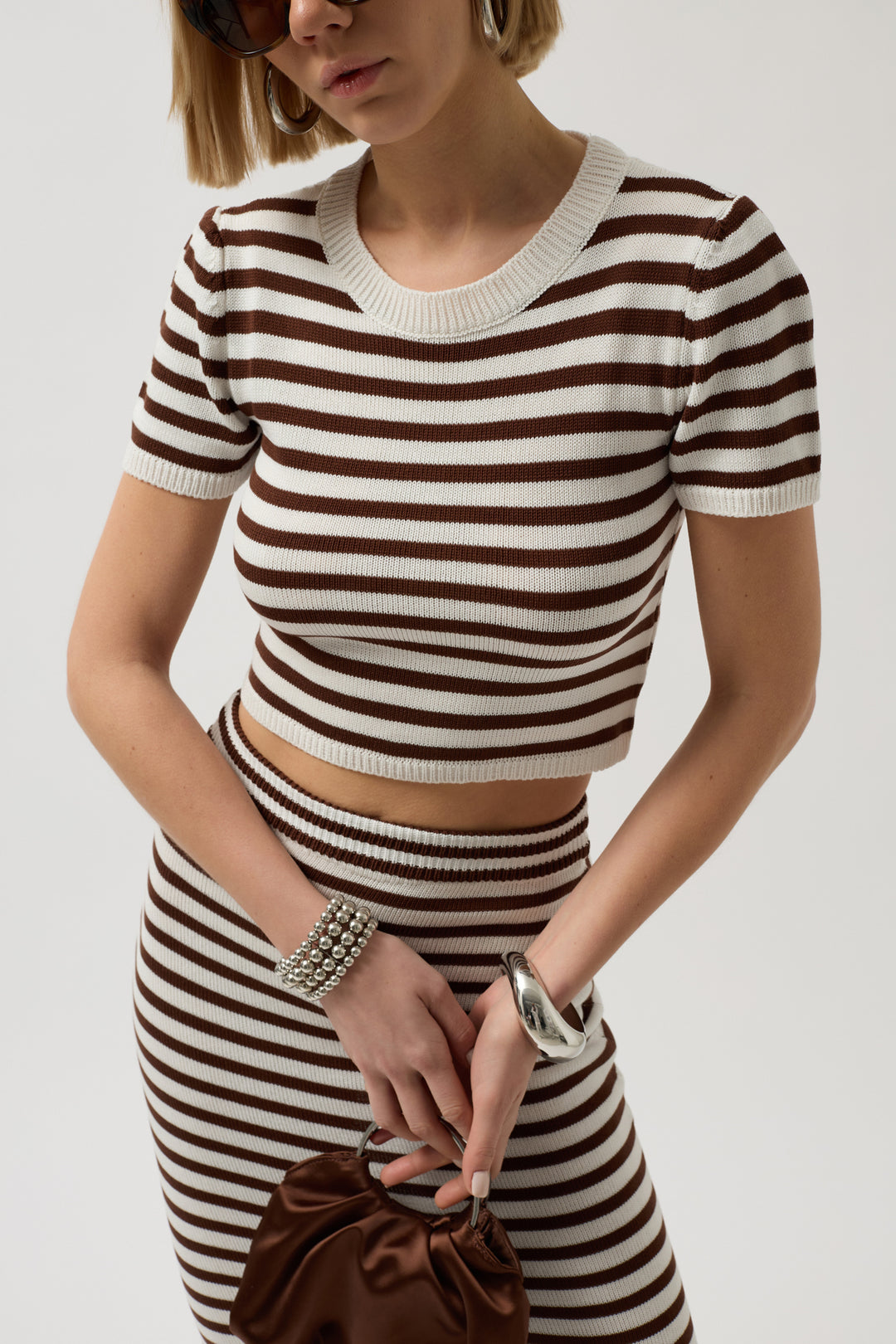 Striped Crew Neck White Brown Crop 
