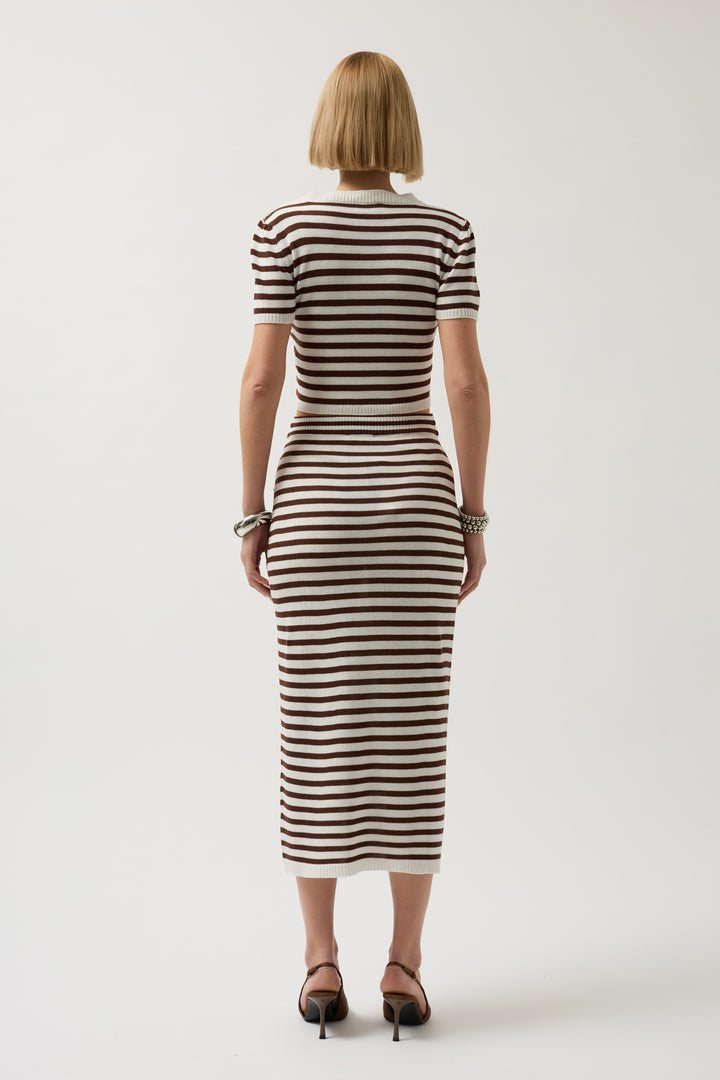 Striped Crew Neck White Brown Crop 