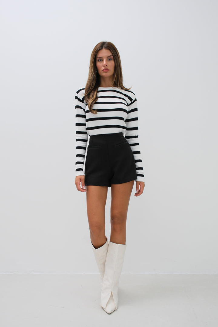 Striped Crew Neck White Knit Blouse 