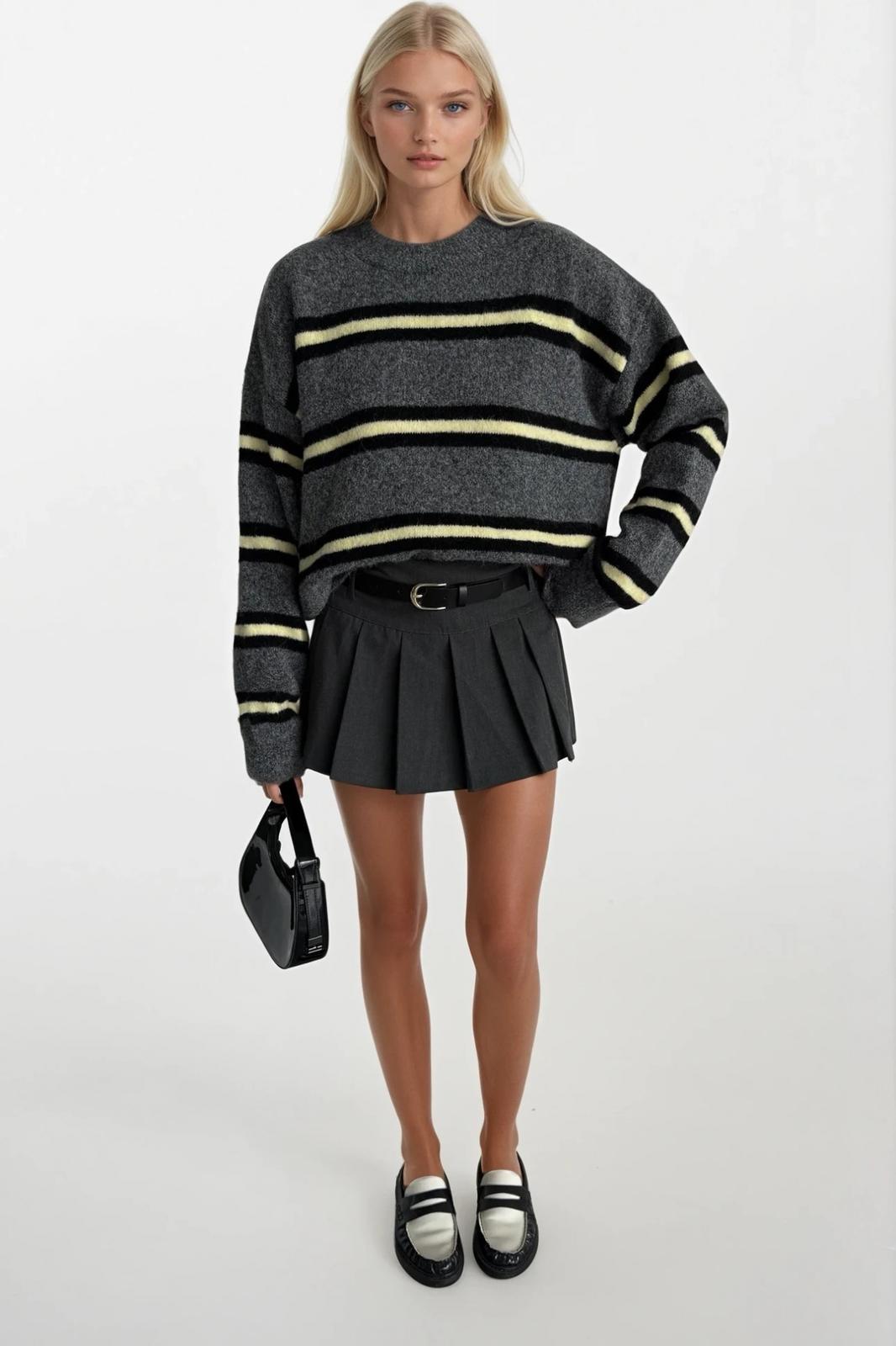 Çizgili Bisiklet Yaka Oversize Triko Antrasit Kazak