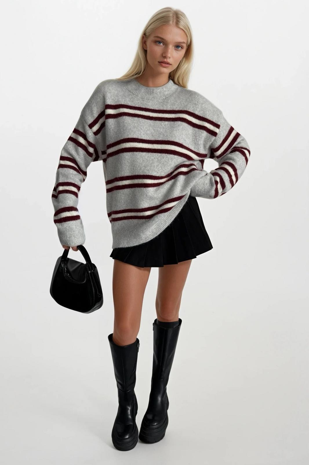 Çizgili Bisiklet Yaka Oversize Triko Gri Kazak