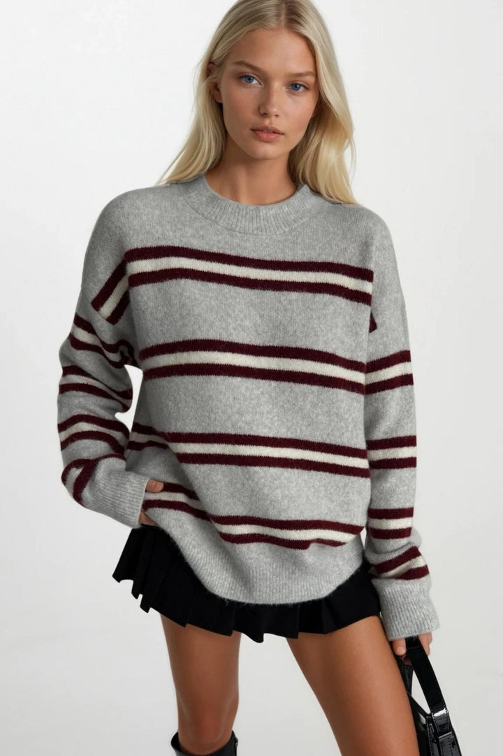 Çizgili Bisiklet Yaka Oversize Triko Gri Kazak