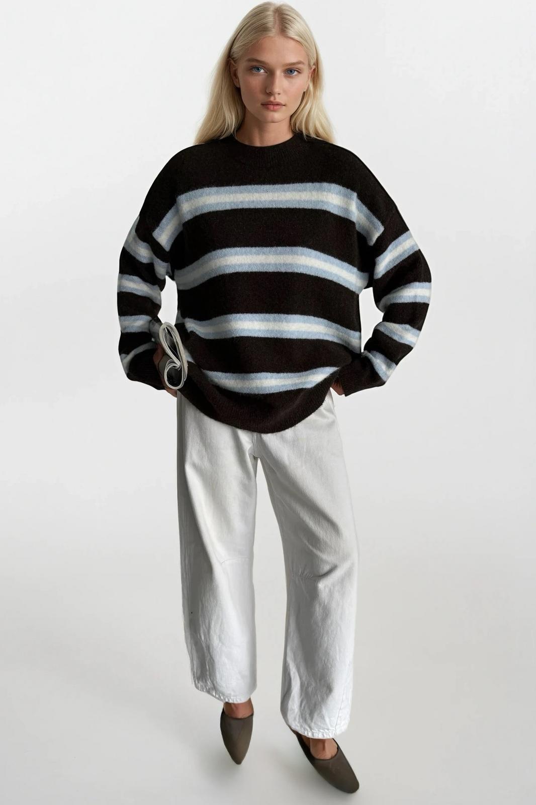 Çizgili Bisiklet Yaka Oversize Triko Kahverengi Kazak