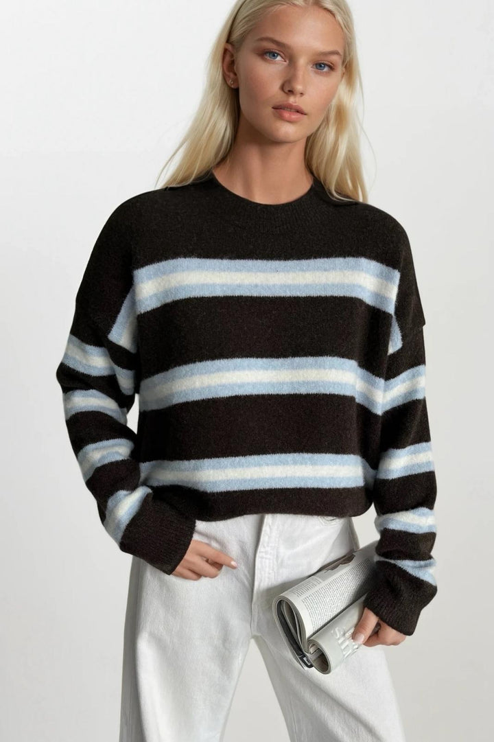 Çizgili Bisiklet Yaka Oversize Triko Kahverengi Kazak