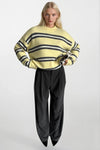 Çizgili Bisiklet Yaka Oversize Triko Sarı Kazak