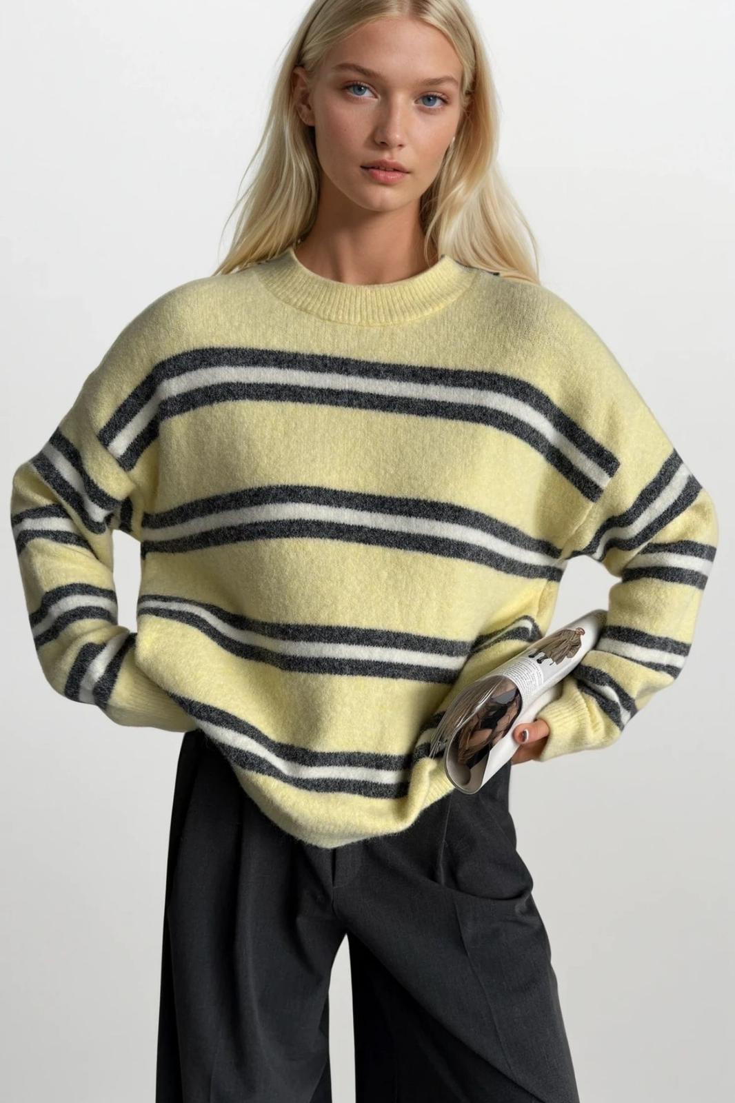 Çizgili Bisiklet Yaka Oversize Triko Sarı Kazak