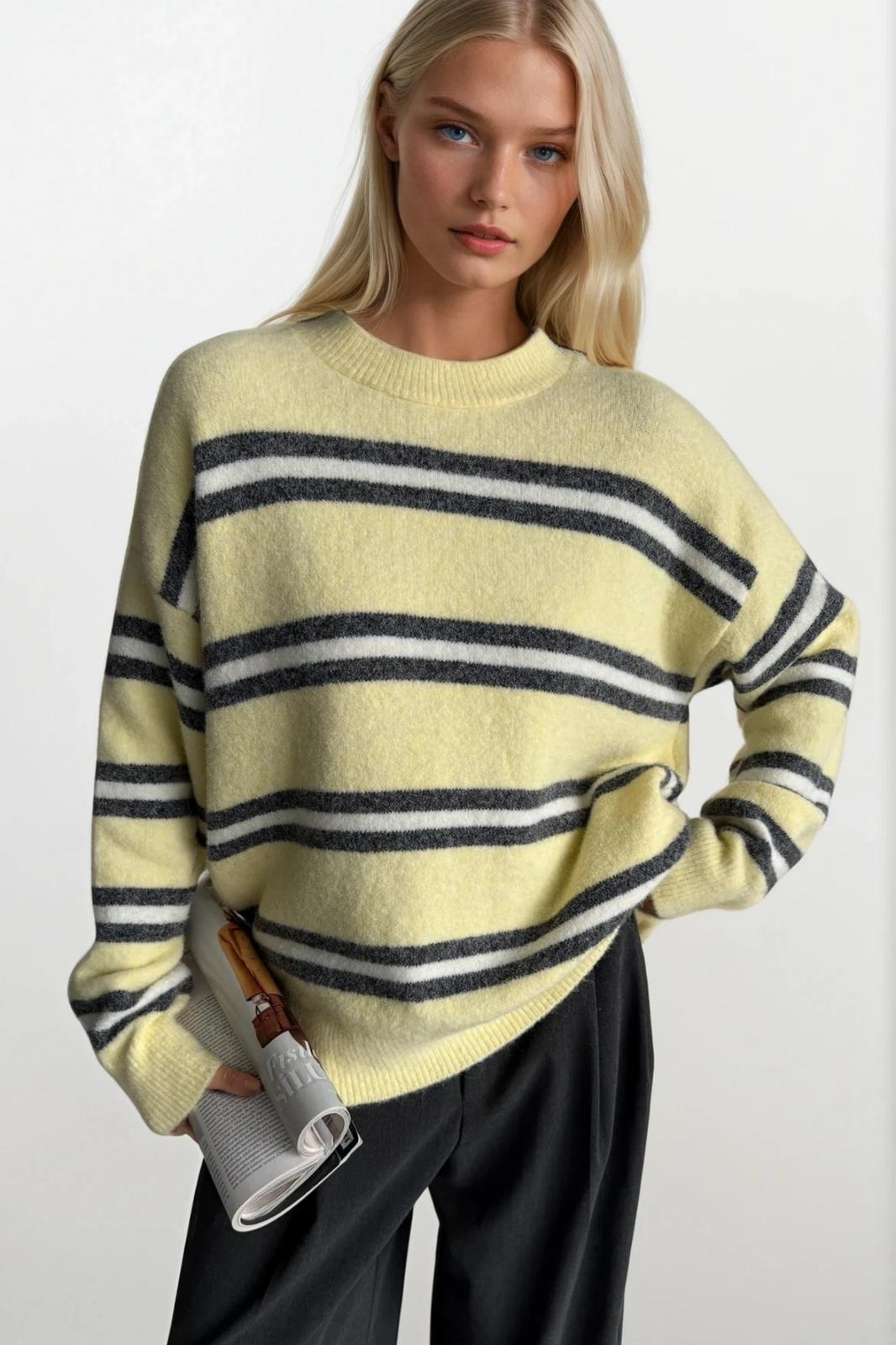 Çizgili Bisiklet Yaka Oversize Triko Sarı Kazak