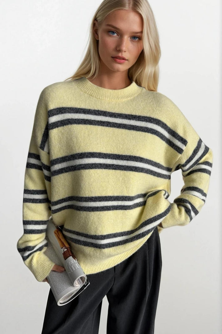 Çizgili Bisiklet Yaka Oversize Triko Sarı Kazak