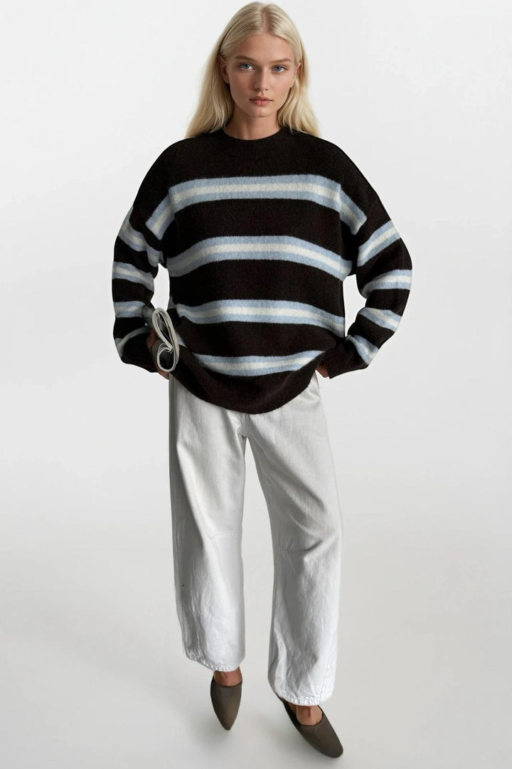 Çizgili Bisiklet Yaka Oversize Triko Kahverengi Kazak