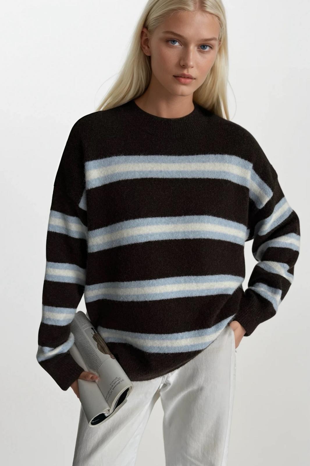 Çizgili Bisiklet Yaka Oversize Triko Kahverengi Kazak