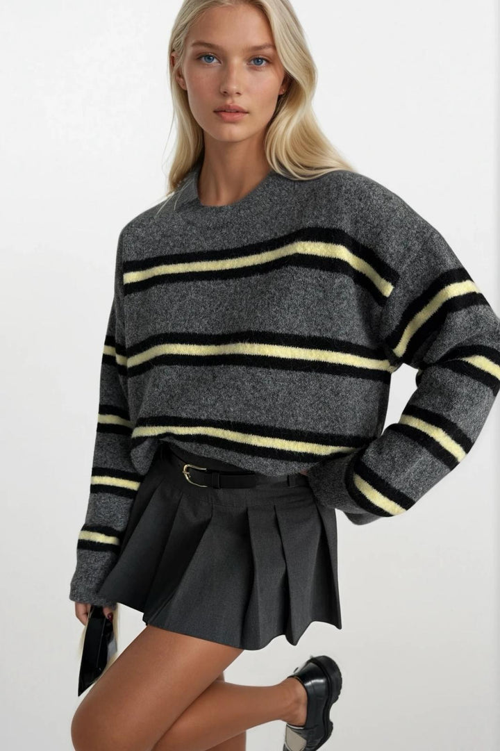 Çizgili Bisiklet Yaka Oversize Triko Antrasit Kazak