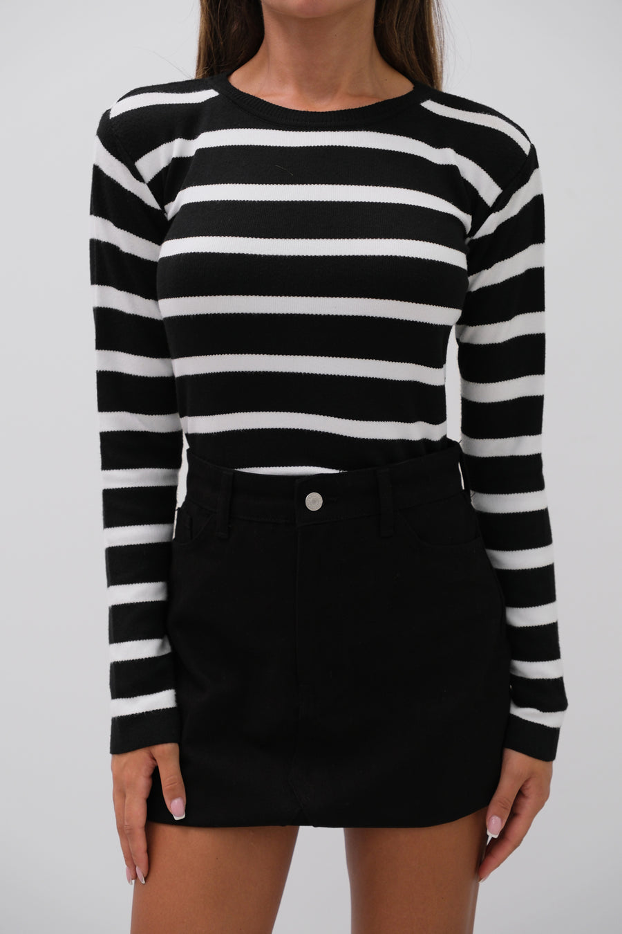 Striped Crew Neck Black Knit Blouse 