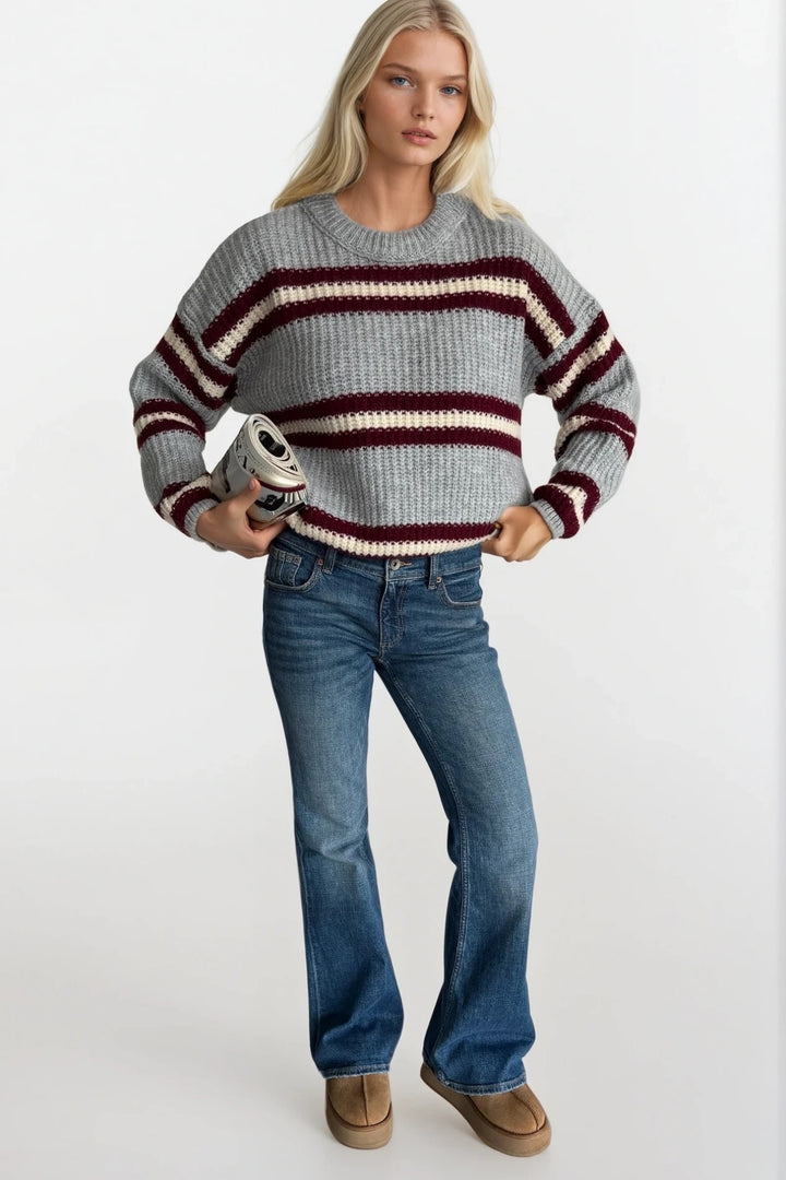 Çizgili Bisiklet Yaka Gri Triko Kazak