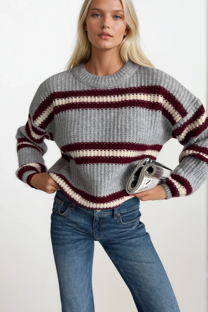 Çizgili Bisiklet Yaka Gri Triko Kazak